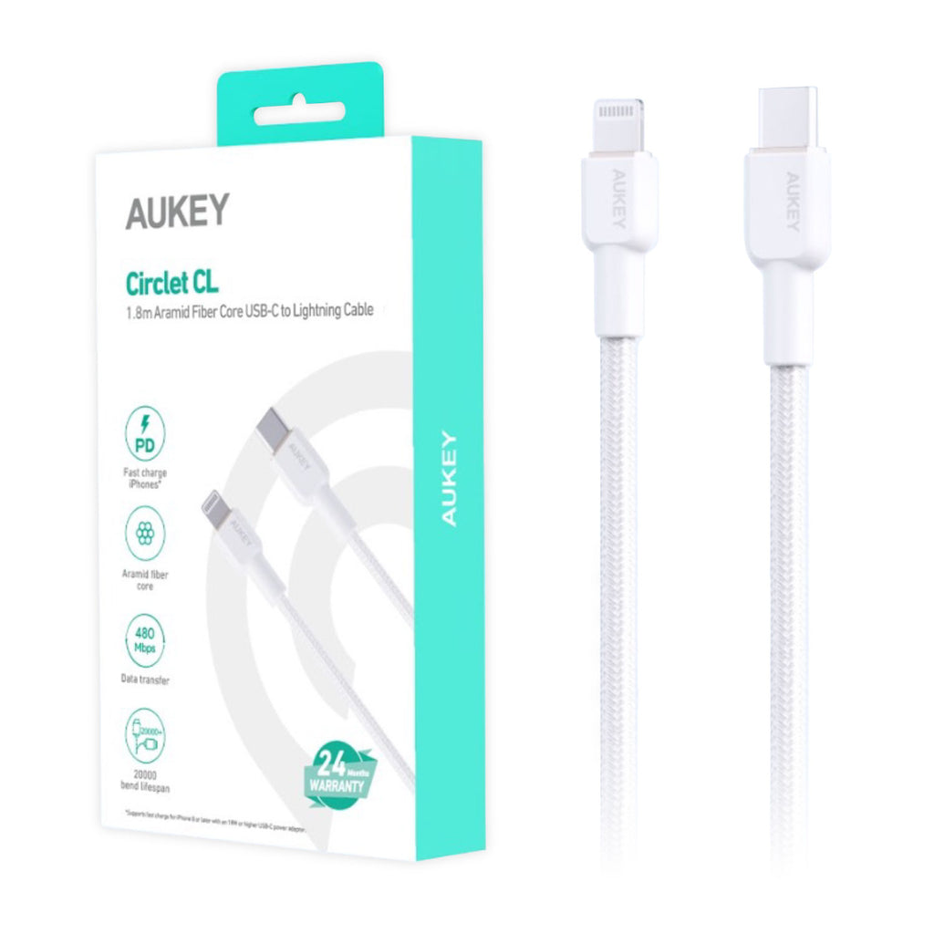 Aukey USB-C to Lightning 1.8M Nylon Braided with Kevlar Core Cable - White