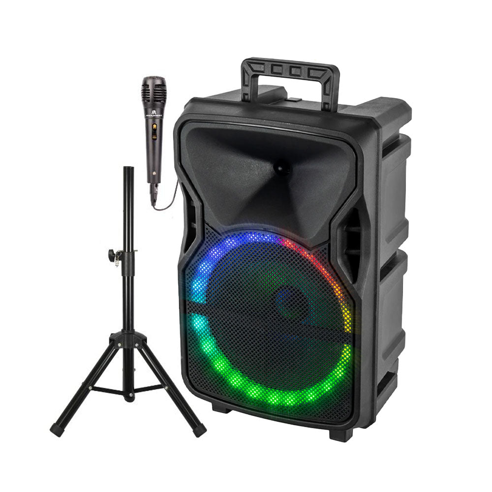Max Power Pulse 12 Bluetooth Speaker W/ 12" Woofer, Adjustable DJ Stand Combo, & Wired Mic For Karaoke - Black