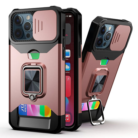 HR PREMIUM MULTI-FUNCTIONAL CARD MAGNETIC RING STAND HYBRID CAMERA CASE COVER FOR APPLE IPHONE 14 PRO MAX 6.7" - ROSE GOLD