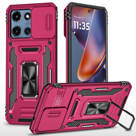 Premium Utter Tough Metal Ring Movable Camera Window Hybrid Case For Motorola Moto G 5G 2025 - Hot Pink