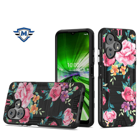 Metkase Strong Tough Metallic Design Hybrid Case In Slide-Out Package For Celero 3 Plus - Tropical Romantic Colorful Roses Floral