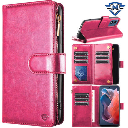 Metkase Luxury Wallet Card ID Zipper Money Holder In Slide-Out Package For Samsung A35 5G - Hot Pink