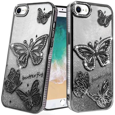 Premium Butterfly Freedom Shimmer Glitter Thick TPU Case For iPhone 16E / SE4 (2025) - Black