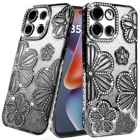 HR Premium Shimmer Glitter Floral Design Thick Tpu Case Cover For Motorola Moto G 5G 2025/2026 - Black
