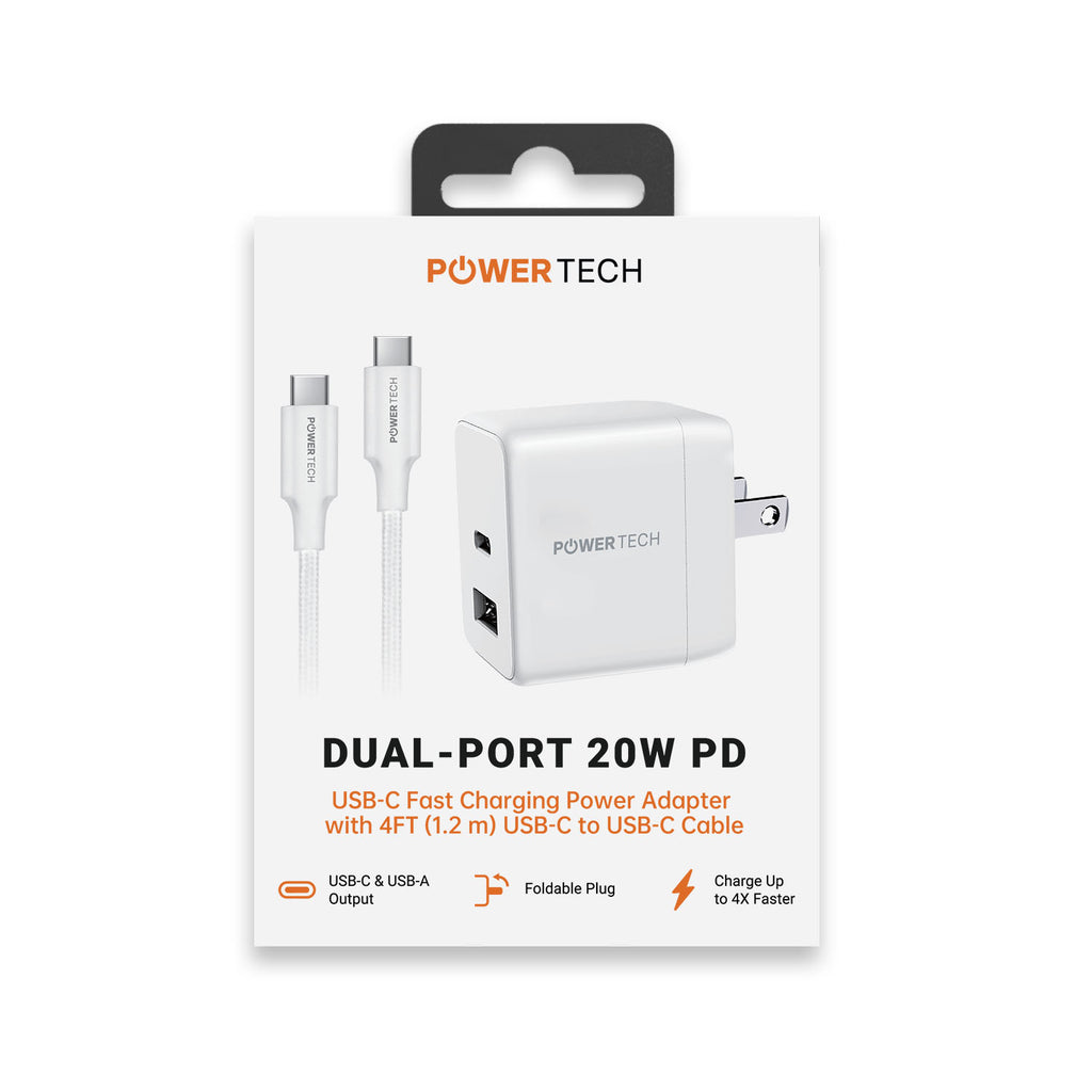 Powertech PD 20W Dual-Port USB-A & USB-C Wall Charger W/ 4' C-C Cable - White