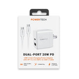 Powertech PD 20W Dual-Port USB-A & USB-C Wall Charger W/ 4' C-C Cable - White