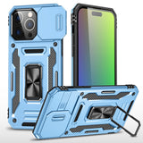 Premium Utter Tough Metal Ring Movable Camera Window Hybrid Case For iPhone 15 - Light Blue