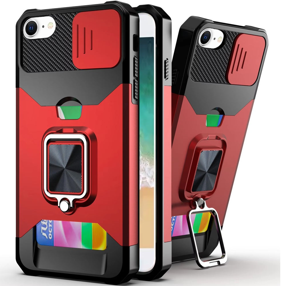 Premium Multi-Functional Card Magnetic Ring Stand Hybrid Camera Case For iPhone 16E / SE4 - Red