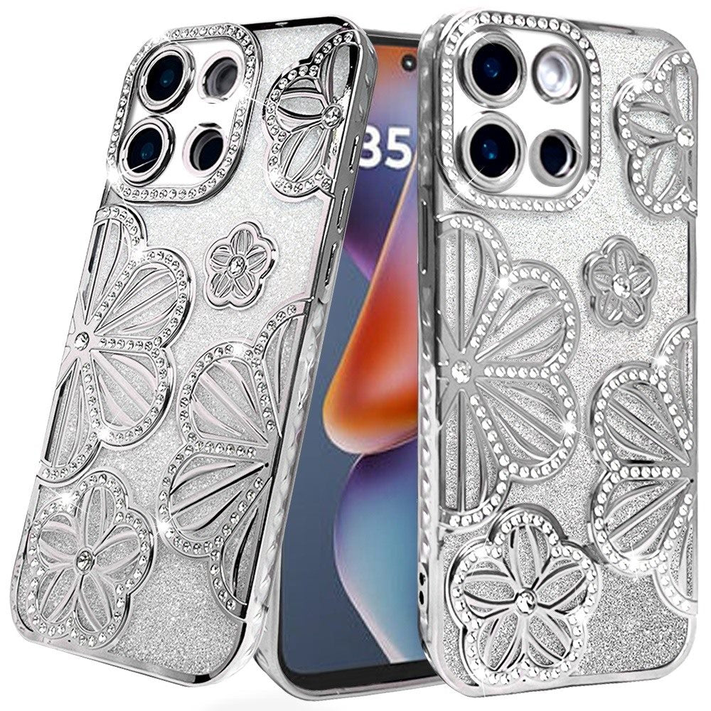 Premium Shimmer Glitter Floral Design Thick TPU Case For Motorola Moto G 5G 2025 - Silver