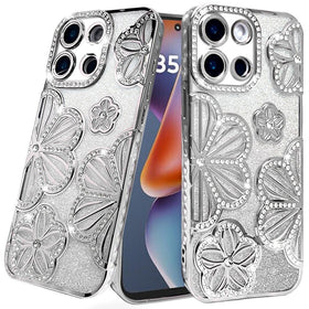 HR Premium Shimmer Glitter Floral Design Thick Tpu Case Cover For Motorola Moto G 5G 2025/2026 - Silver