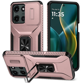 HR Premium Complete Magnetic Metal Ring Stand Camera Protection Hybrid Case For Moto G Stylus 5G 2025/2026 - Rose Gold