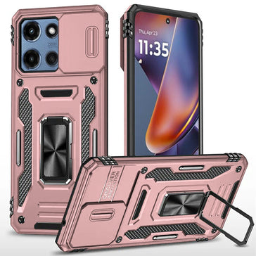 HR Premium Utter Tough Metal Ring Movable Camera Window Hybrid Case Cover For Motorola Moto G 5G 2025/2026 - Rose Gold