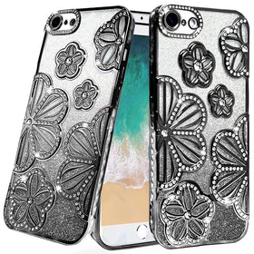 Premium Shimmer Glitter Floral Design Thick TPU Case Cover For iPhone 16E / SE4 / 17E- Black