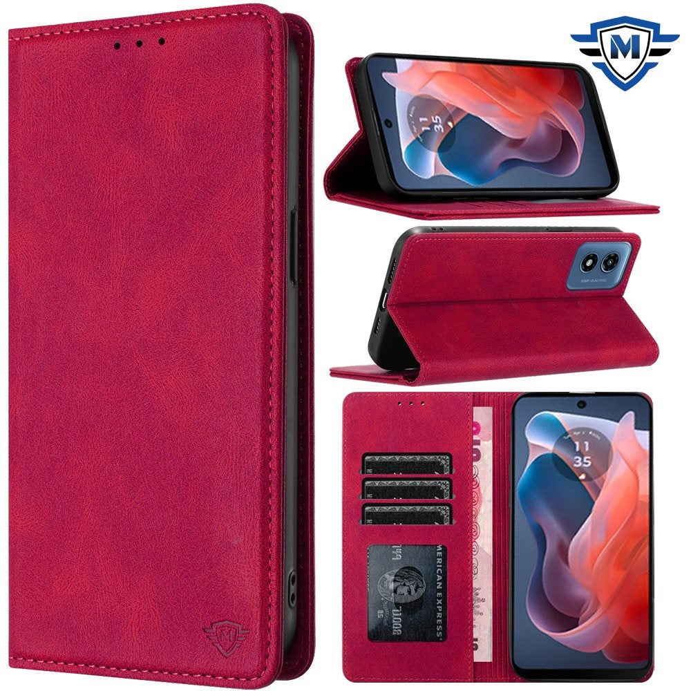 Metkase Wallet Premium Pu Vegan Leather Id Card Money Holder With Magnetic Closure In Premium Slide-Out Package For Motorola Moto G 5G 2024 - Hot Pink