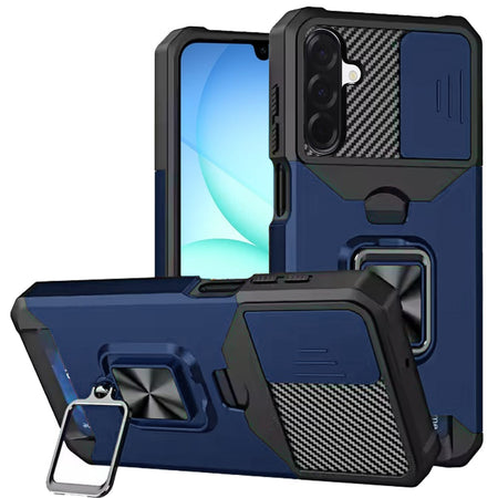 Premium Multi-Functional Card Magnetic Ring Stand Hybrid Camera Case For Samsung A17 5G - Blue