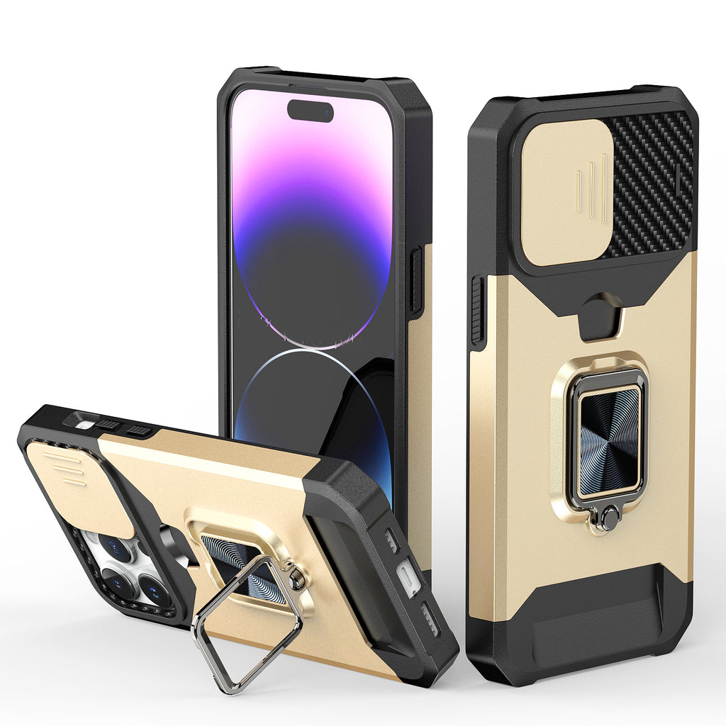 Premium Multi-Functional Card Magnetic Ring Stand Hybrid Camera Case Cover For iPhone 15 - Gold