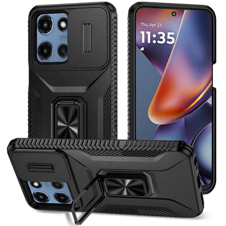 Premium Complete Magnetic Metal Ring Stand Camera Protection Hybrid Case For Motorola Moto G 5G 2025 - Black