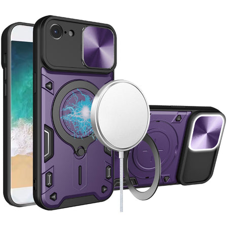 Premium Magnetic Ring Stand Full Camera Protection Hybrid Case For iPhone 16E/SE4 - Dark Purple