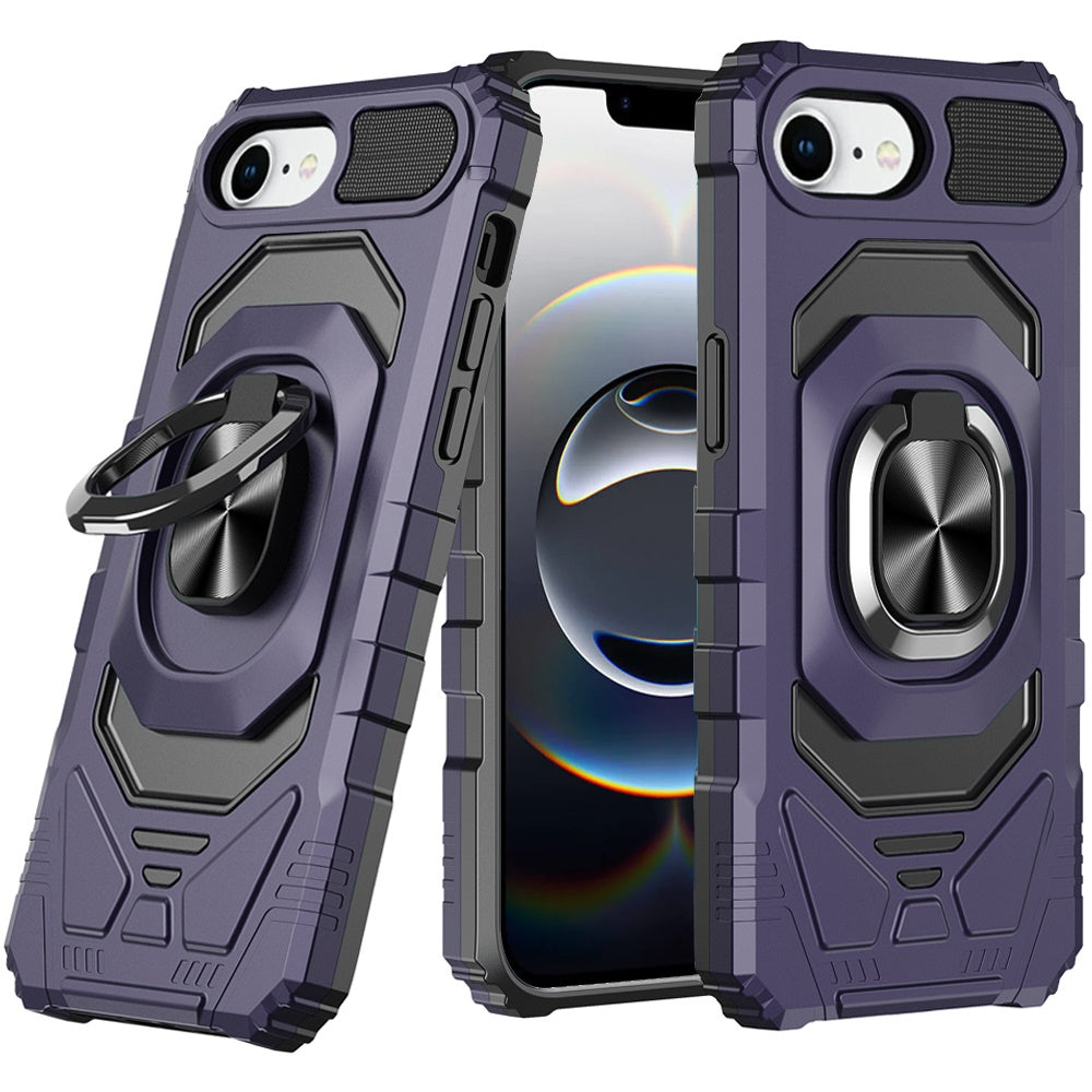 Premium Robotic Hybrid W/ Magnetic Ring Stand Case For iPhone 16e  / SE4 (2025) - Dark Purple
