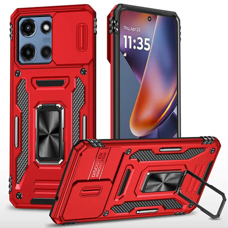 Premium Utter Tough Metal Ring Movable Camera Window Hybrid Case For Motorola Moto G 5G 2025 - Red