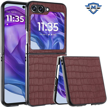 Metkase PU Vegan Leather Premium Hard Snap On Case Cover In Slide-Out Package For Motorola Razr 2025 / Razr 2024 - Brown