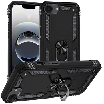 Premium Ring Magnetic Kickstand Hybrid Case Cover For iPhone 16E / SE4 Ring - Black