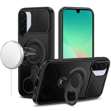 HR Premium Car Mount With 2-Ring Stand Hybrid Case For Samsung Galaxy A27 - Black
