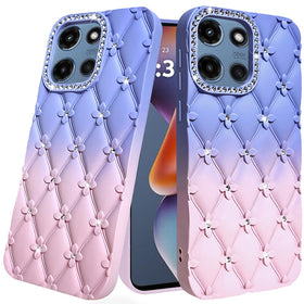 HR Premium Floral Joy Glitter Shimmer Leather Feel Thick Tpu Case For Motorola Moto G 5G 2025/2026 - Light Blue/Light Pink