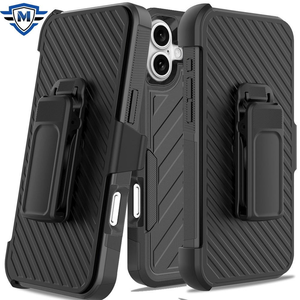 Metkase Noble Lined Shockproof Dual Layer Holster Hybrid Case For iPhone 16 6.1 Inch - Black/Black