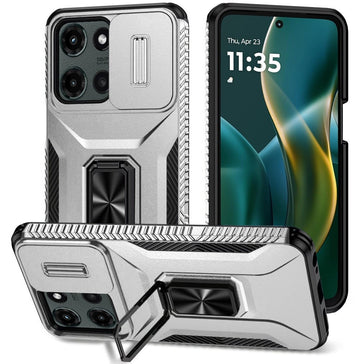 HR Premium Complete Magnetic Metal Ring Stand Camera Protection Hybrid Case For Moto G Stylus 5G 2025/2026 - Silver