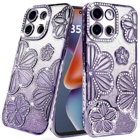HR Premium Shimmer Glitter Floral Design Thick Tpu Case Cover For Motorola Moto G 5G 2025/2026 - Purple