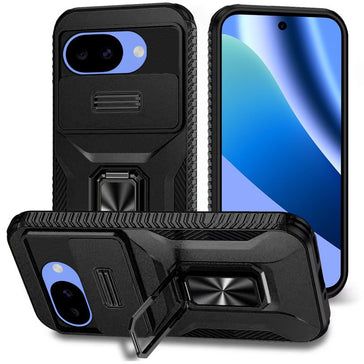 HR Premium Complete Magnetic Metal Ring Stand Camera Protection Hybrid Case For Google Pixel 10A - Black