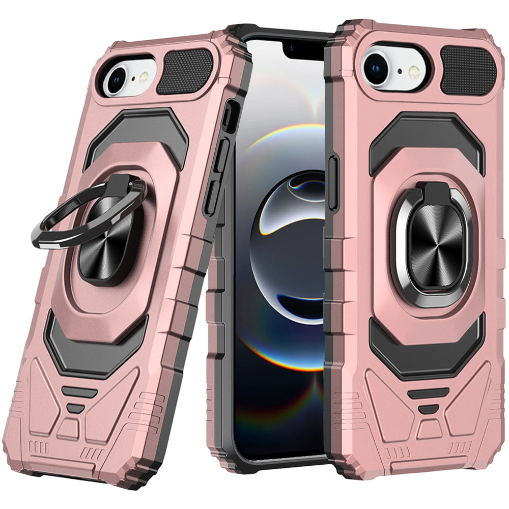 Premium Robotic Hybrid W/ Magnetic Ring Stand Case For iPhone 16e  / SE4 (2025) - Rose Gold