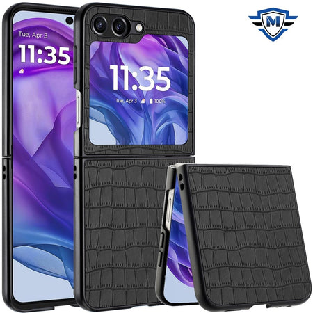 Metkase PU Vegan Leather Premium Hard Snap On Case Cover In Slide-Out Package For Motorola Razr 2025 / Razr 2024 - Black