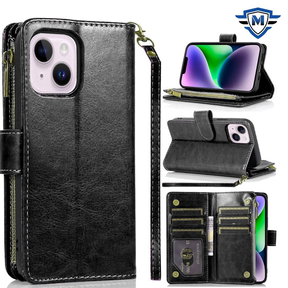Metkase Luxury Wallet Card Id Zipper Money Holder Case Cover In Slide-Out Package For iPhone 13/14 - Black