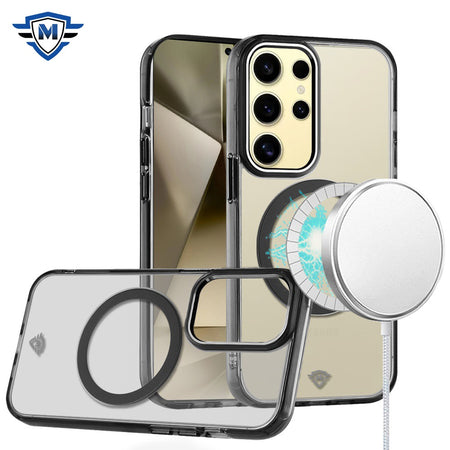 Metkase Magnetic Circle Ring Transparent Premium Acrylic Case Cover With Metal Buttons & Camera Raised Lip In Slide-Out Package For Samsung Galaxy S24 Plus - Black