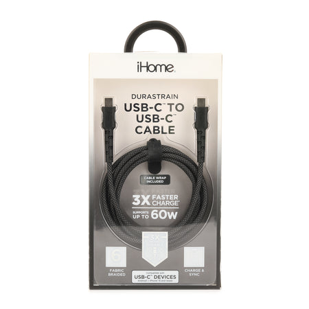 iHome Durastrain 6' Braided Usb-C To Usb-C Cable W/ Cable Wrap - Black
