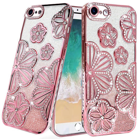 Premium Shimmer Glitter Floral Design Thick TPU Case Cover For iPhone 16E / SE4 - Rose Gold