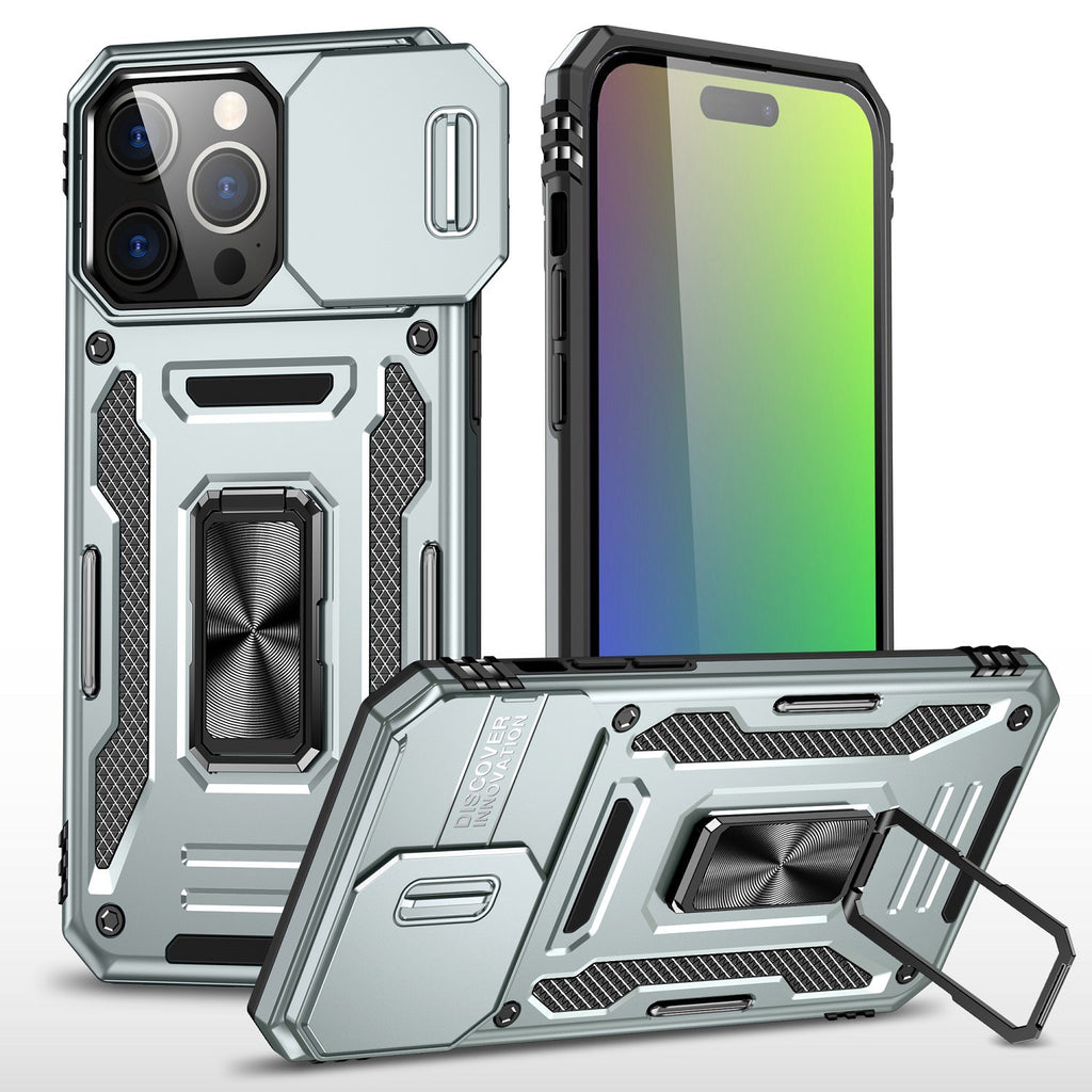 Premium Utter Tough Metal Ring Movable Camera Window Hybrid Case For iPhone 15 - Gray