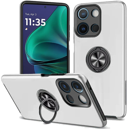 Premium Chief Oil Painted Magnetic Ring Stand Hybrid Case Cover For Moto G Stylus 5G 2025 - Silver