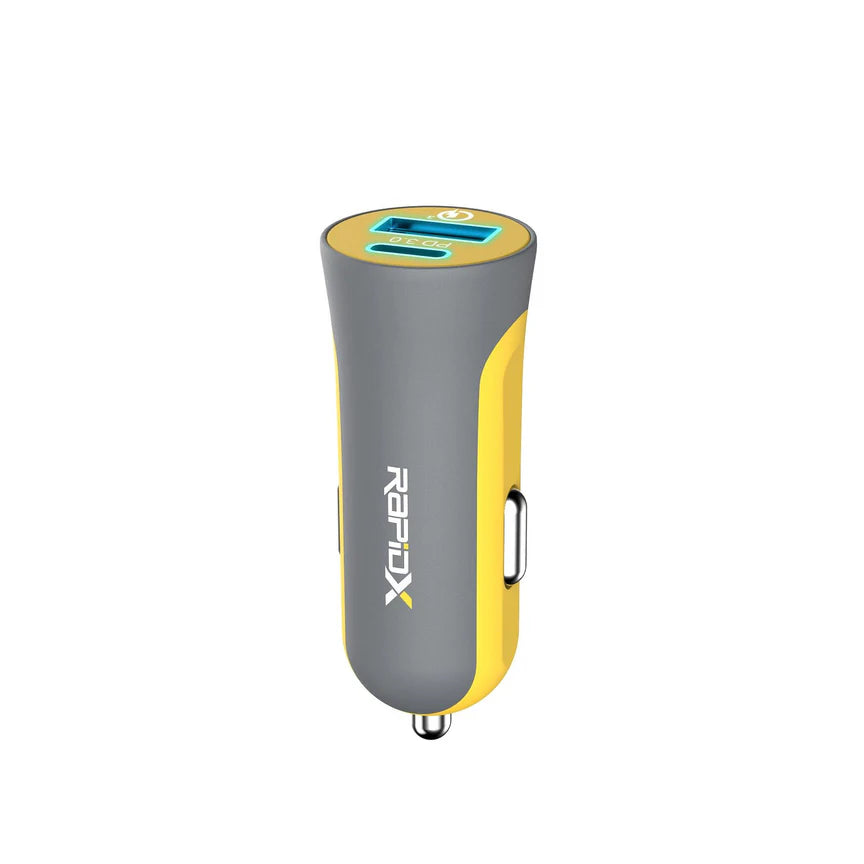 RAPIDX 48W DUAL-PORT USB-C & USB-A QC 3.0 FAST CAR CHARGER - GREY/YELLOW