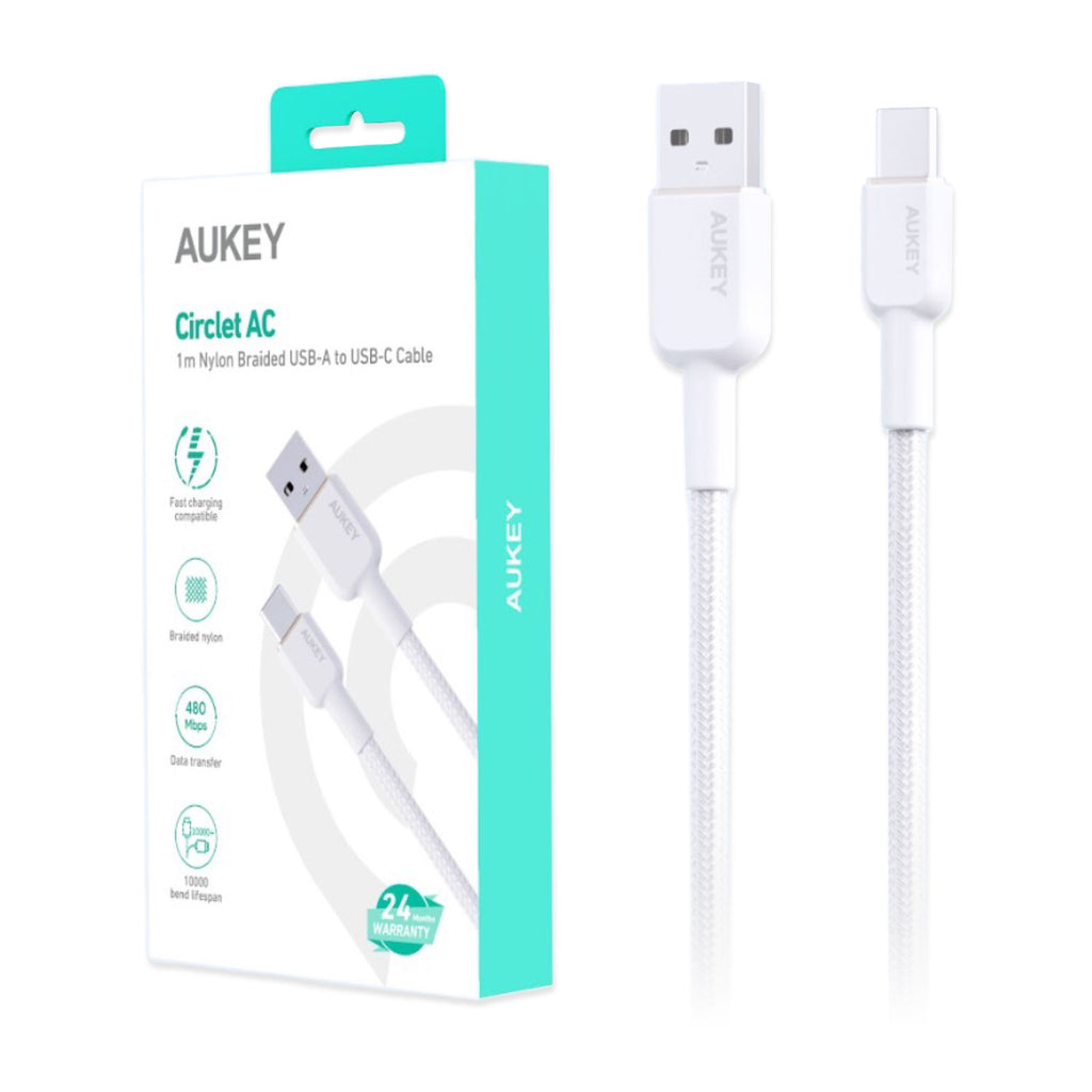 Aukey USB-A to USB-C 1M Nylon Braided Cable - White