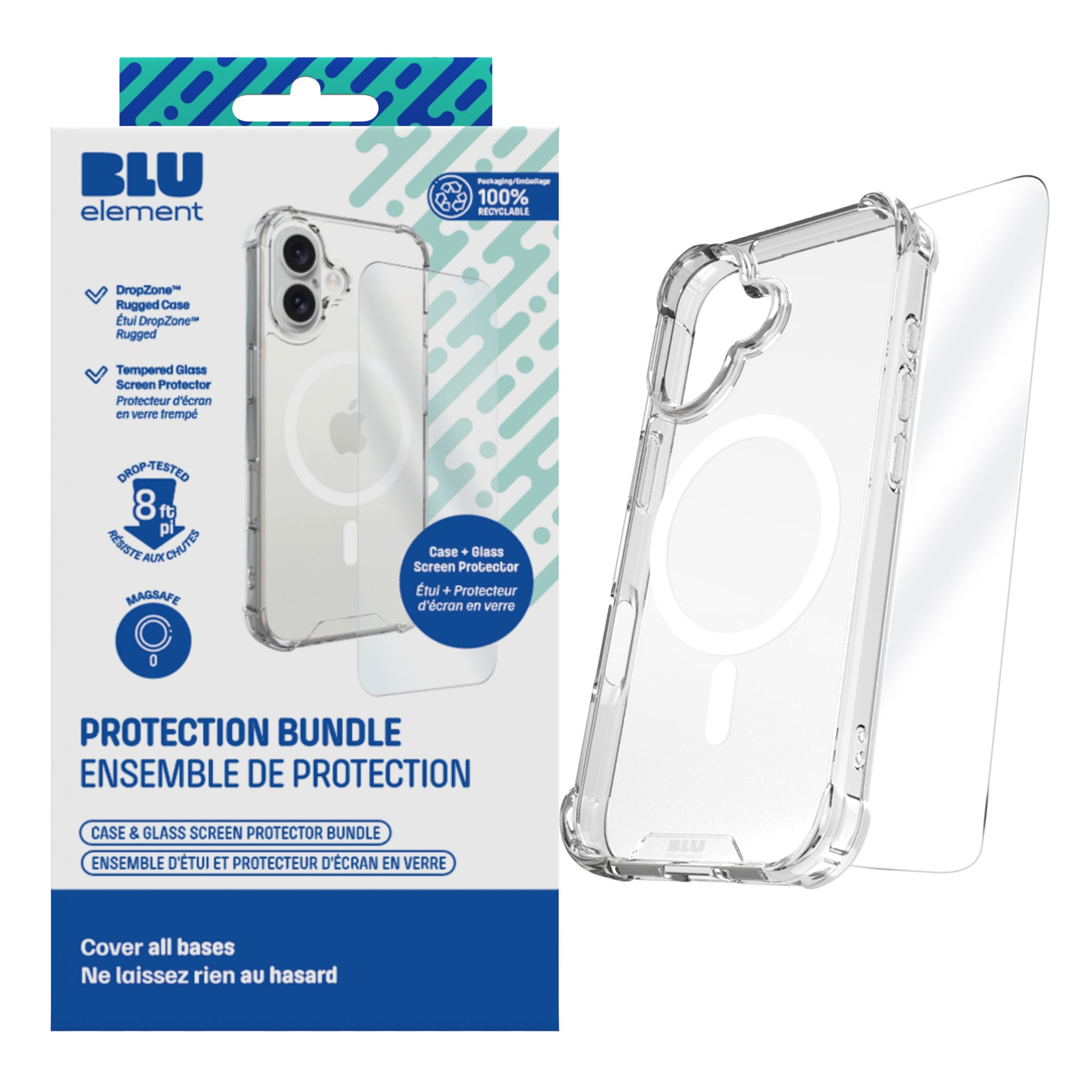 Blu Element Duo Protection Bundle W/ Dropzone Rugged Magsafe Case + Screen Protector For iPhone 16 - Clear
