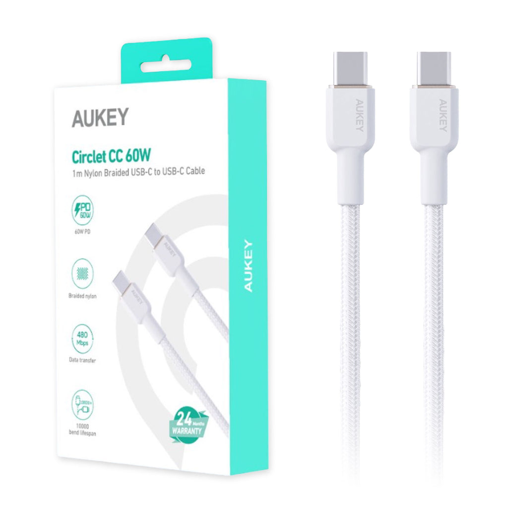 Aukey USB-C to USB-C 1M Nylon Braided Cable - White