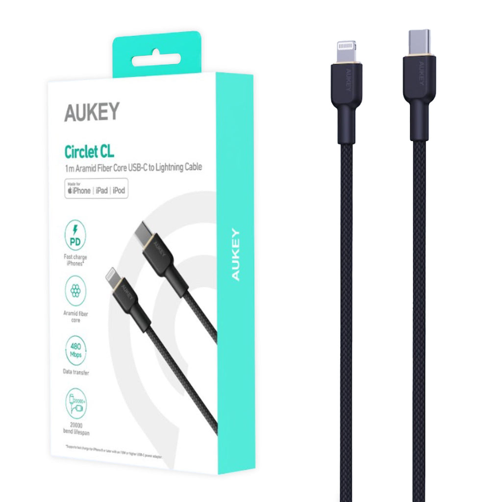 Aukey USB-C to Lightning 1M Nylon Braided with Kevlar Core Cable - Black