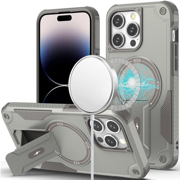 HR PREMIUM STURDY BRACKET KICKSTAND MAGNETIC HYBRID CASE FOR IPHONE 14 PRO MAX 6.7" - GREY