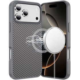 HR PREMIUM CARBON FIBER DESIGN MAGNETIC RING HQ THICK 2.0MM HYBRID CASE FOR IPHONE 17 PRO MAX - GREY