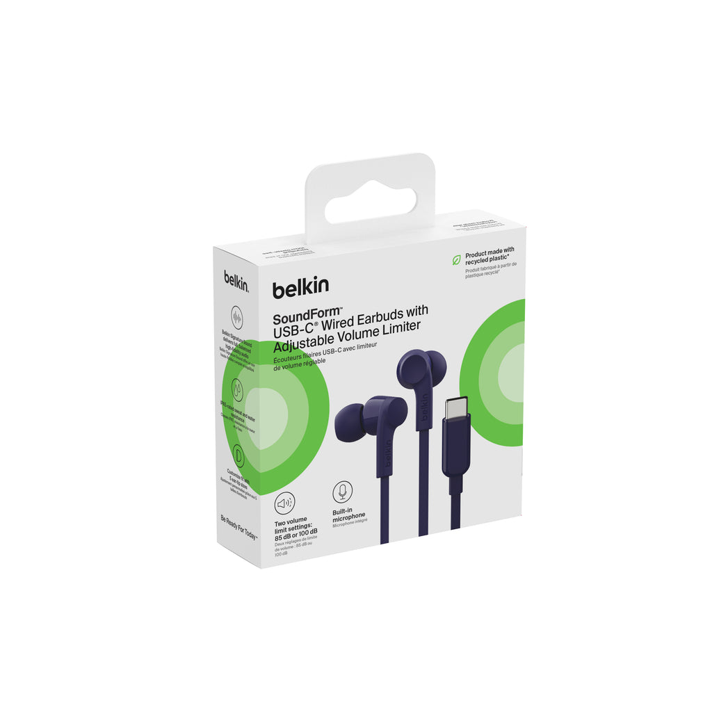 Belkin Usb-C Wired Earbuds W/ Adjustable Volume Limiter - Blue