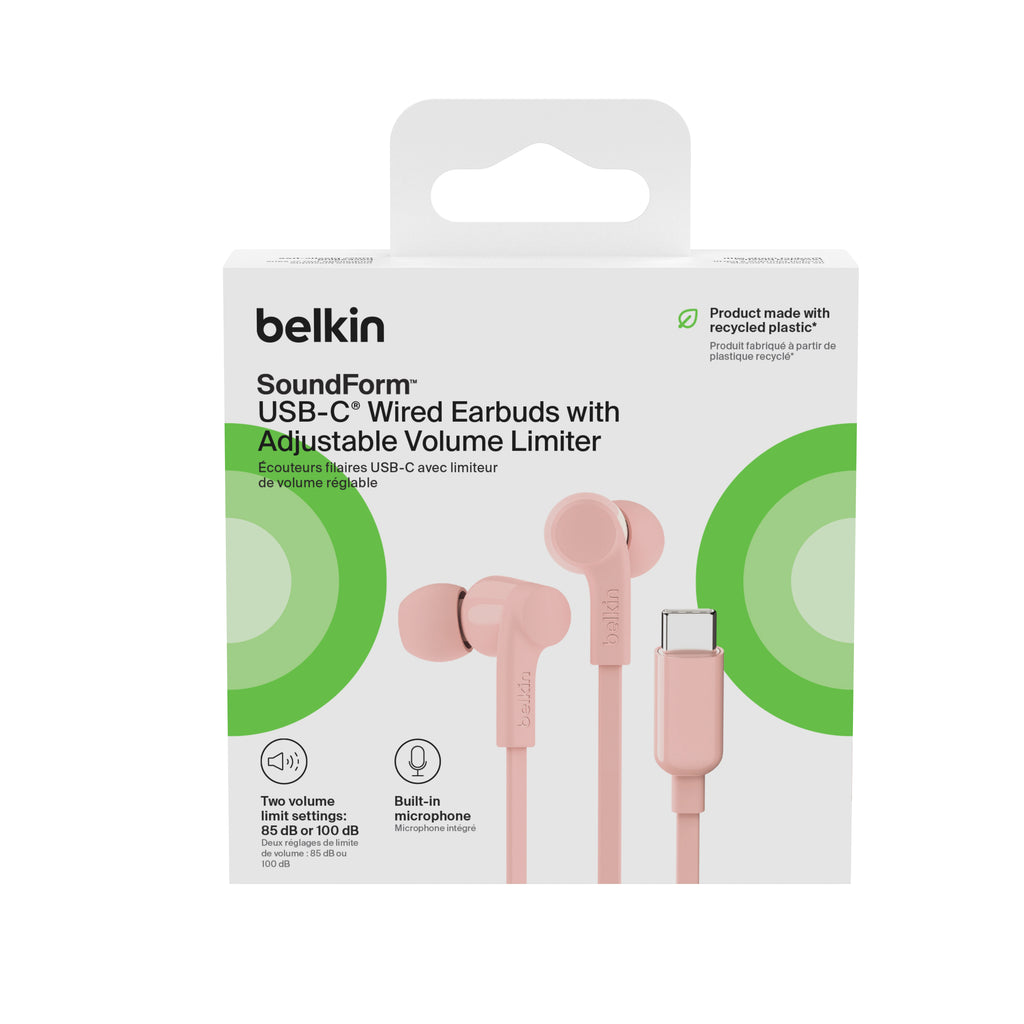 Belkin Usb-C Wired Earbuds W/ Adjustable Volume Limiter - Pink