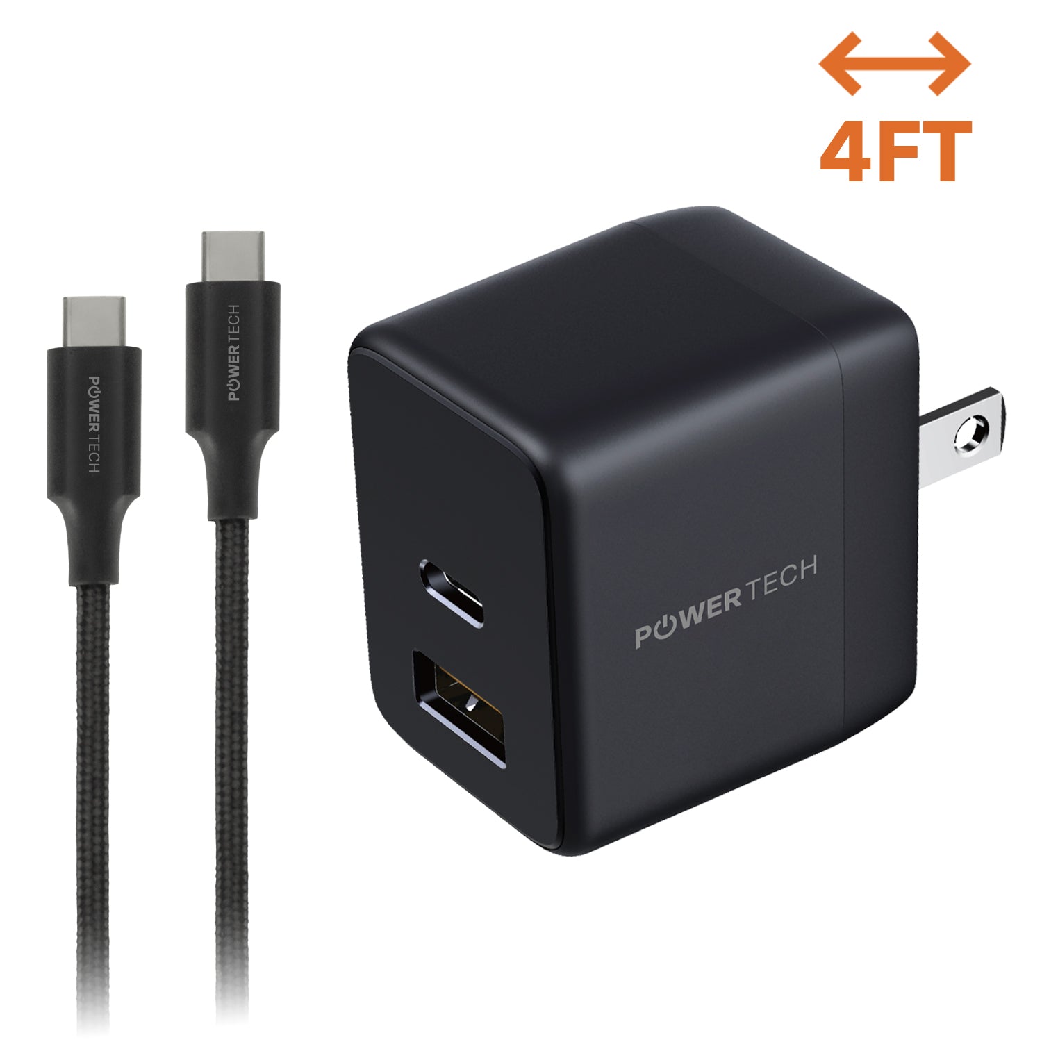 Powertech PD 20W Dual-Port USB-A & USB-C Wall Charger W/ 4ft C-C Cable - Black